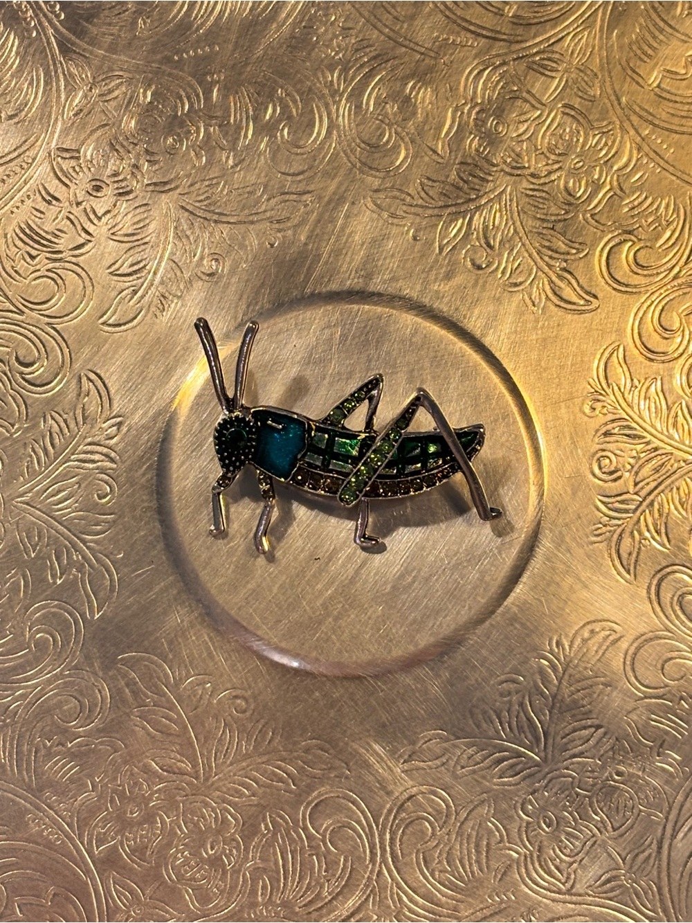 Blue Green Enamel Grasshopper Brooch Rhinestone Insect Pin Gold Tone